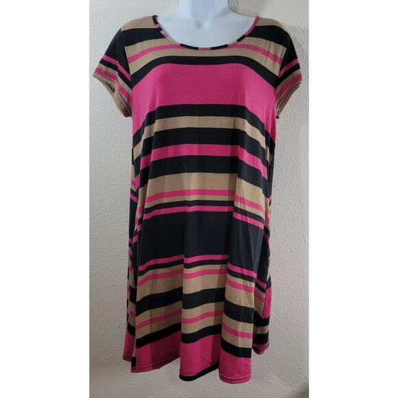 Demanding Black Tan Pink Striped A Line Mini Dress  XL Lightweight Pockets Soft - Picture 1 of 5